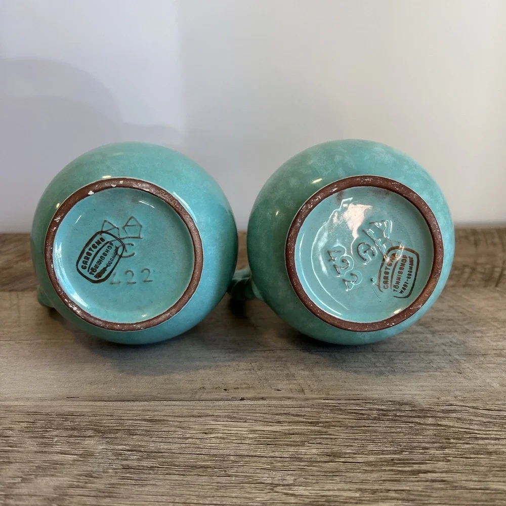 Teal And Gold‎ West Germany Mid-Century Pottery Matching Vases Jugs Vtg WWII